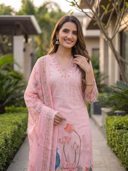 Floral & Peacock Digital Print Straight Kurta with Pant and Dupatta - Blush Pink