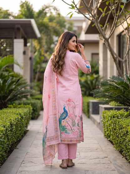 Floral & Peacock Digital Print Straight Kurta with Pant and Dupatta - Blush Pink