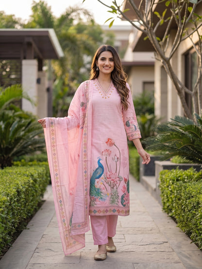 Floral & Peacock Digital Print Straight Kurta with Pant and Dupatta - Blush Pink
