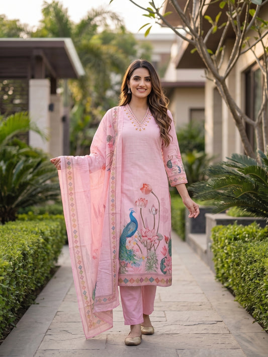 Floral & Peacock Digital Print Straight Kurta with Pant and Dupatta - Blush Pink