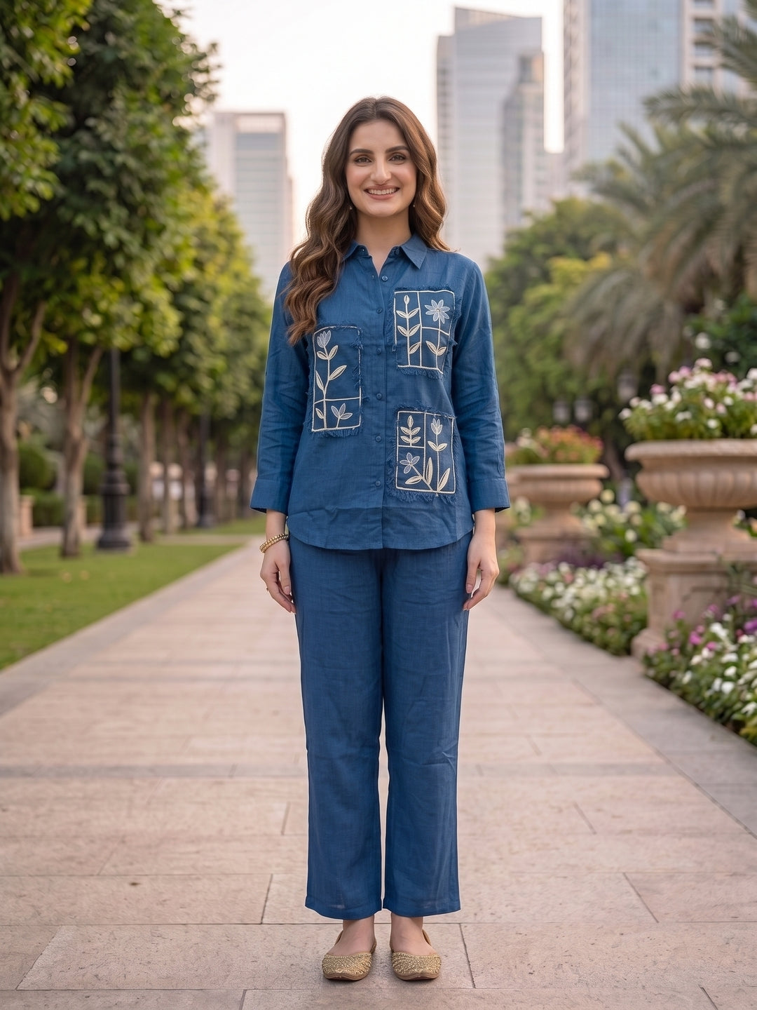 Solid Embroidered Straight Shirt Co-ord Set with Pyjama - Navy Blue
