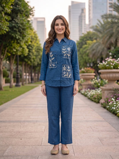 Solid Embroidered Straight Shirt Co-ord Set with Pyjama - Navy Blue