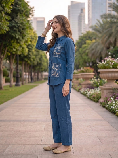 Solid Embroidered Straight Shirt Co-ord Set with Pyjama - Navy Blue