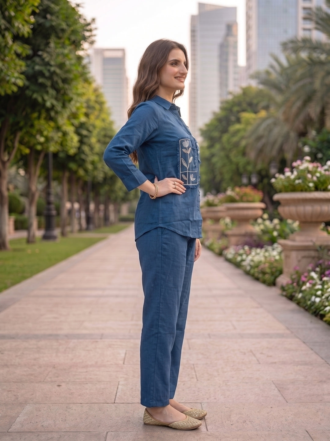 Solid Embroidered Straight Shirt Co-ord Set with Pyjama - Navy Blue