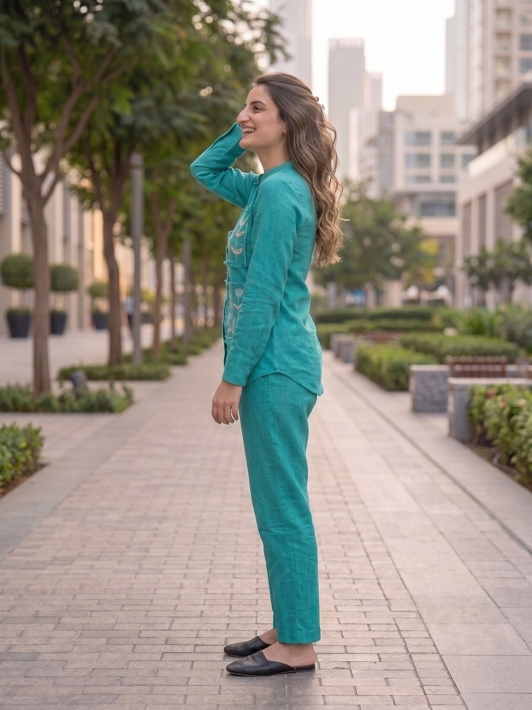 Solid Embroidered Straight Shirt Co-ord Set with Pyjama - Turquoise Blue