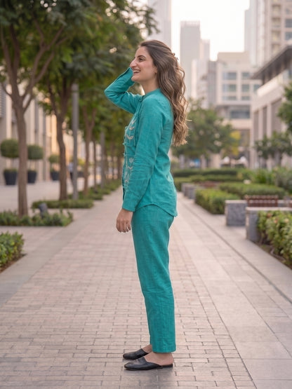 Solid Embroidered Straight Shirt Co-ord Set with Pyjama - Turquoise Blue