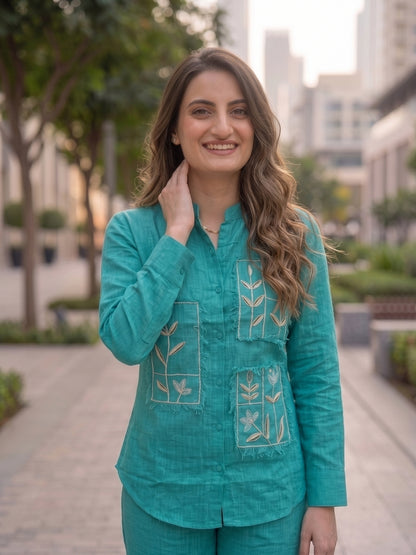 Solid Embroidered Straight Shirt Co-ord Set with Pyjama - Turquoise Blue