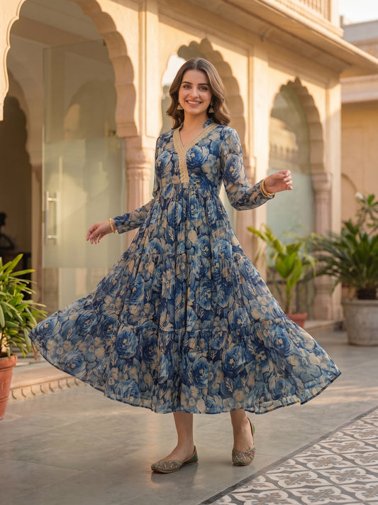 Abstract Floral Foil Printed A-Line Pleated Maxi Dress - Blue