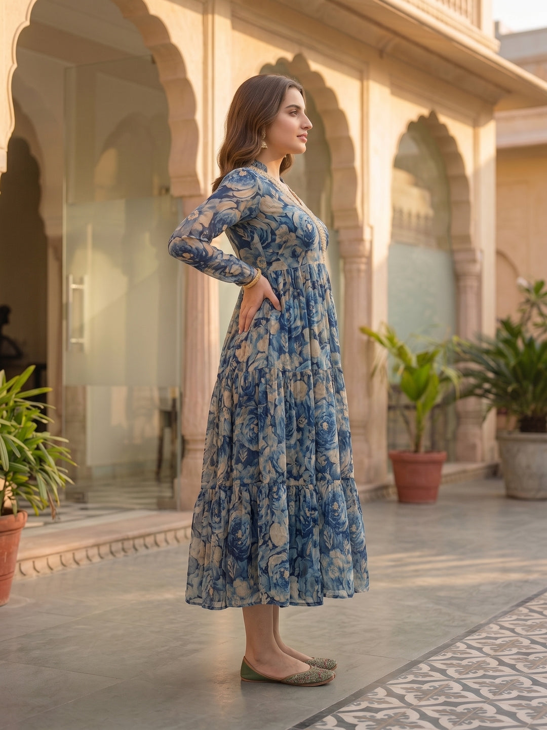 Abstract Floral Foil Printed A-Line Pleated Maxi Dress - Blue