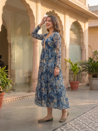 Abstract Floral Foil Printed A-Line Pleated Maxi Dress - Blue
