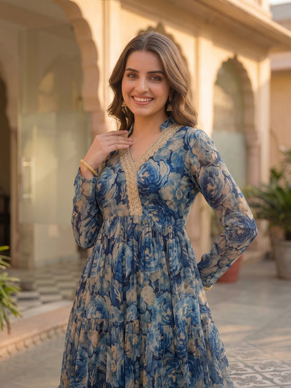 Abstract Floral Foil Printed A-Line Pleated Maxi Dress - Blue