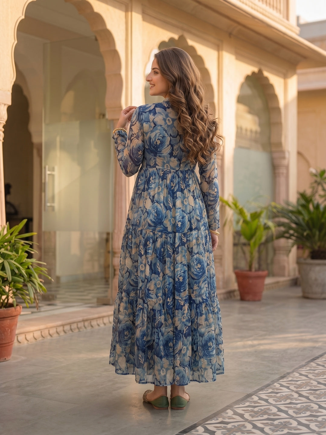 Abstract Floral Foil Printed A-Line Pleated Maxi Dress - Blue