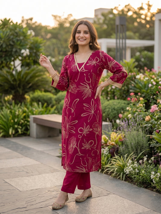 Abstract Floral Printed Straight Fit Kurta with Palazzo - Burgundy
