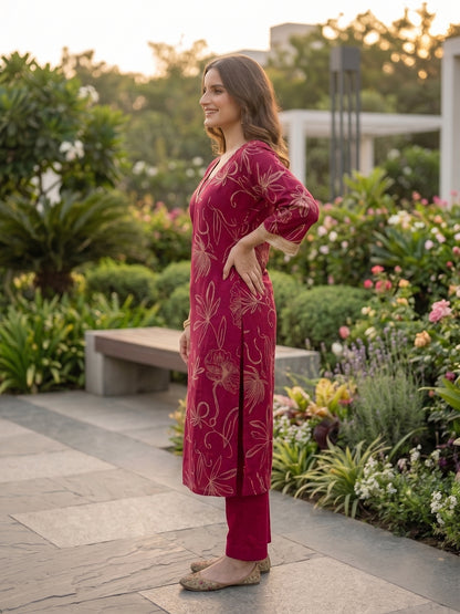 Abstract Floral Printed Straight Fit Kurta with Palazzo - Burgundy
