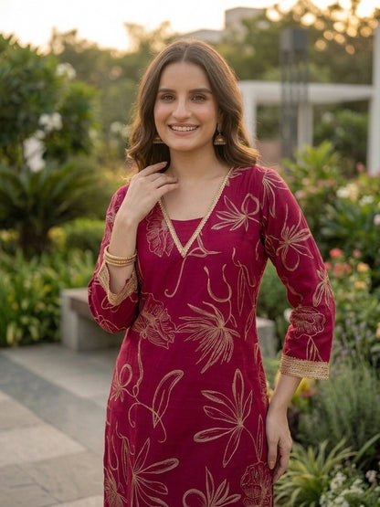 Abstract Floral Printed Straight Fit Kurta with Palazzo - Burgundy