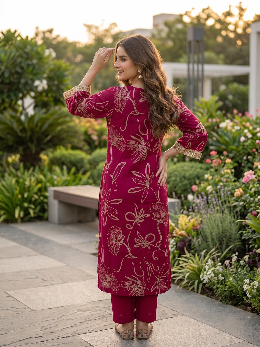 Abstract Floral Printed Straight Fit Kurta with Palazzo - Burgundy