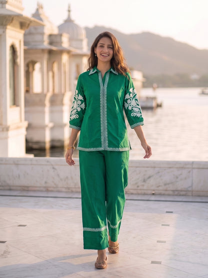 Solid Ethnic Floral Thread Embroidered Straight Fit Co-ord Set - Green