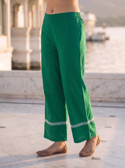 Solid Ethnic Floral Thread Embroidered Straight Fit Co-ord Set - Green