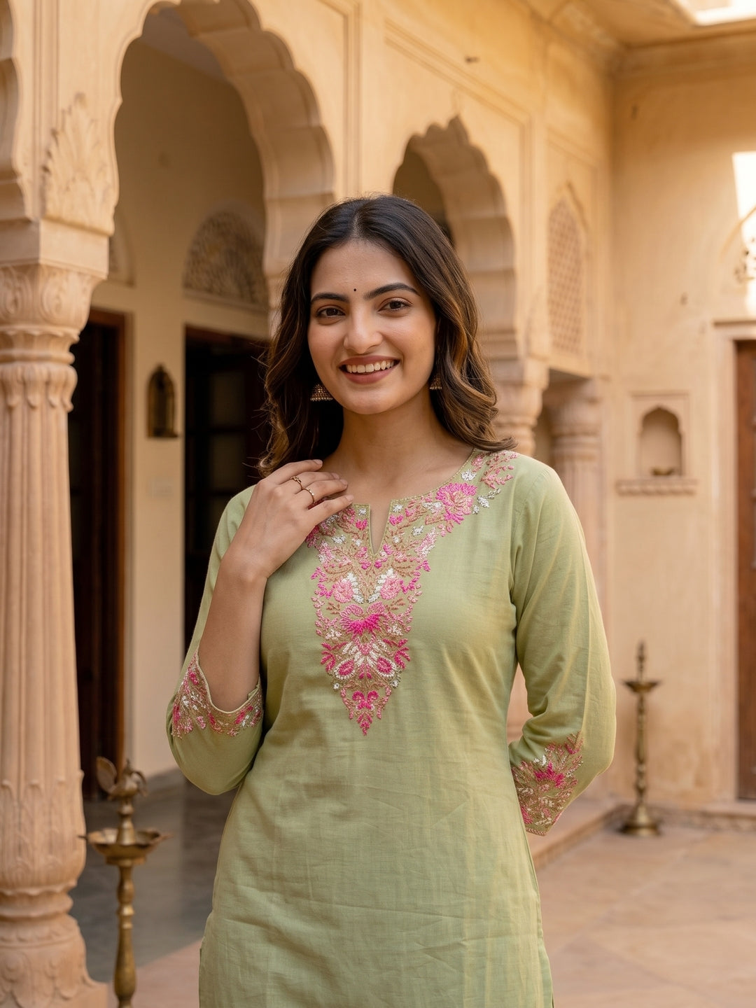 Solid Floral Hand Embroidered Straight Fit Kurta - Green