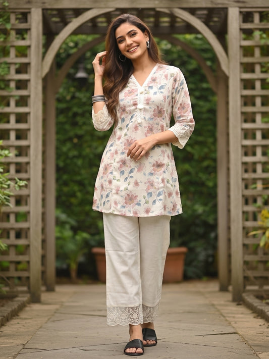Floral Printed Mirror Work A-Line Co-ord Set - Cream