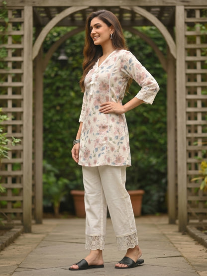 Floral Printed Mirror Work A-Line Co-ord Set - Cream