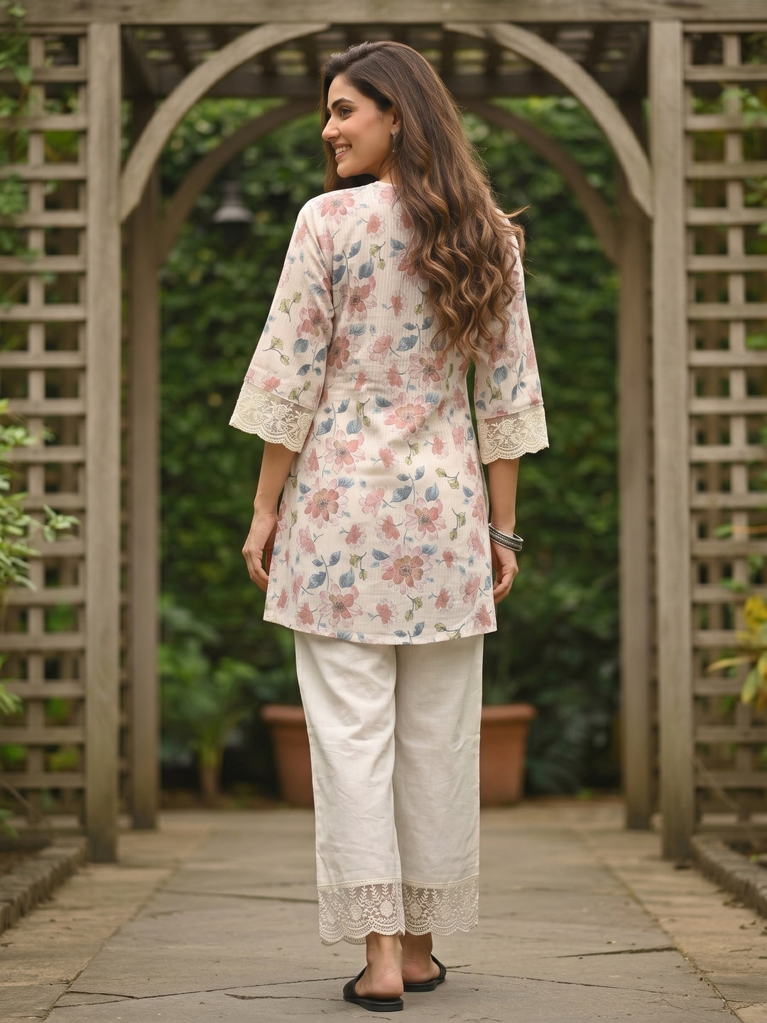 Floral Printed Mirror Work A-Line Co-ord Set - Cream