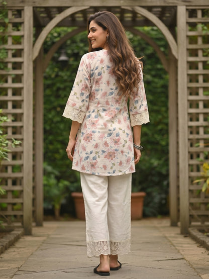 Floral Printed Mirror Work A-Line Co-ord Set - Cream