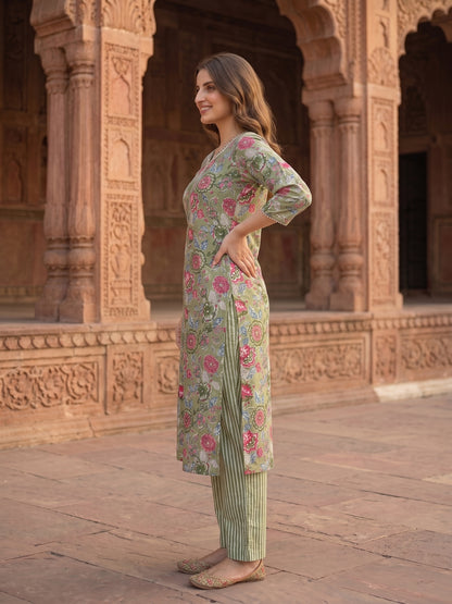 Floral Printed Mirror Embroidered Straight Kurta with Pant & Dupatta - Green