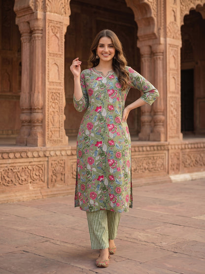 Floral Printed Mirror Embroidered Straight Kurta with Pant & Dupatta - Green
