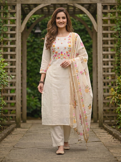 Solid Floral Hand Embroidered Straight Kurta with Pant & Dupatta - Off White