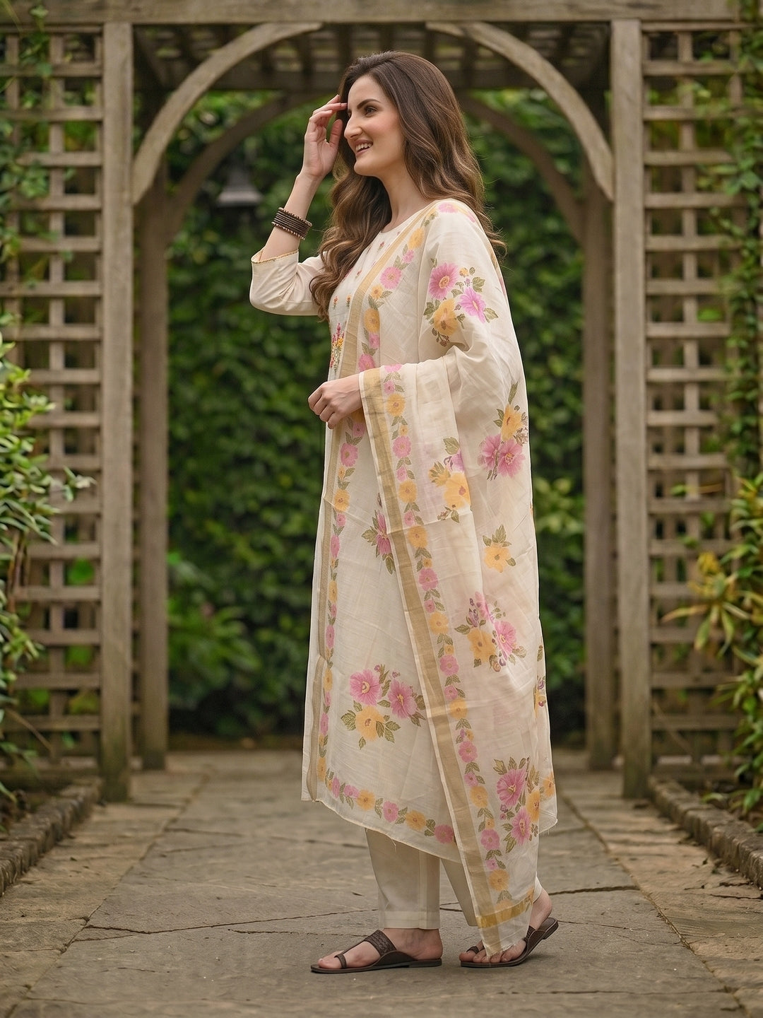 Solid Floral Hand Embroidered Straight Kurta with Pant & Dupatta - Off White