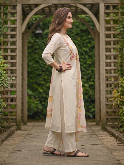 Solid Floral Hand Embroidered Straight Kurta with Pant & Dupatta - Off White