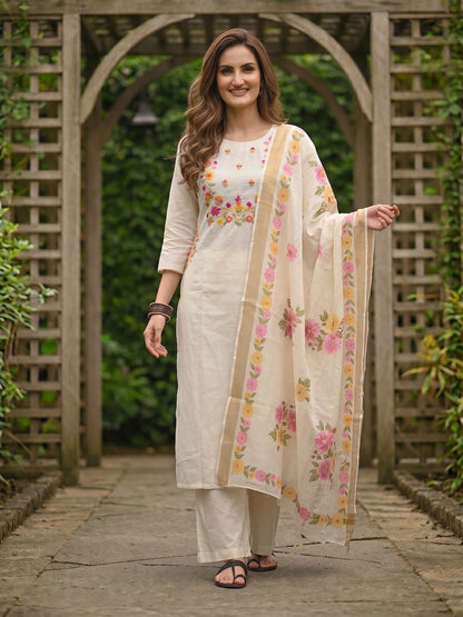 Solid Floral Hand Embroidered Straight Kurta with Pant & Dupatta - Off White
