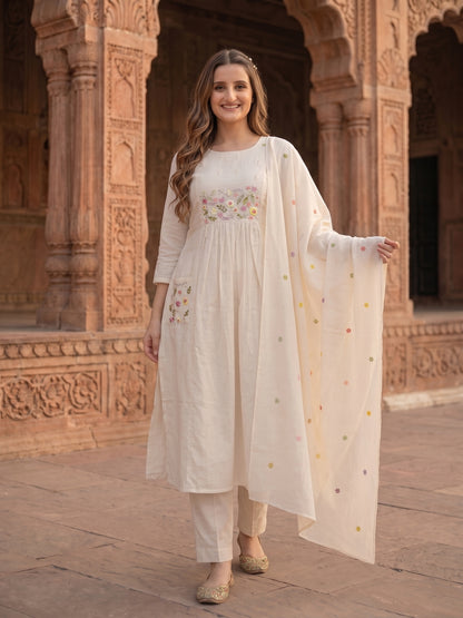 Solid Floral Hand Embroidered A-Line Kurta with Pant & Embroidered Dupatta - Off White