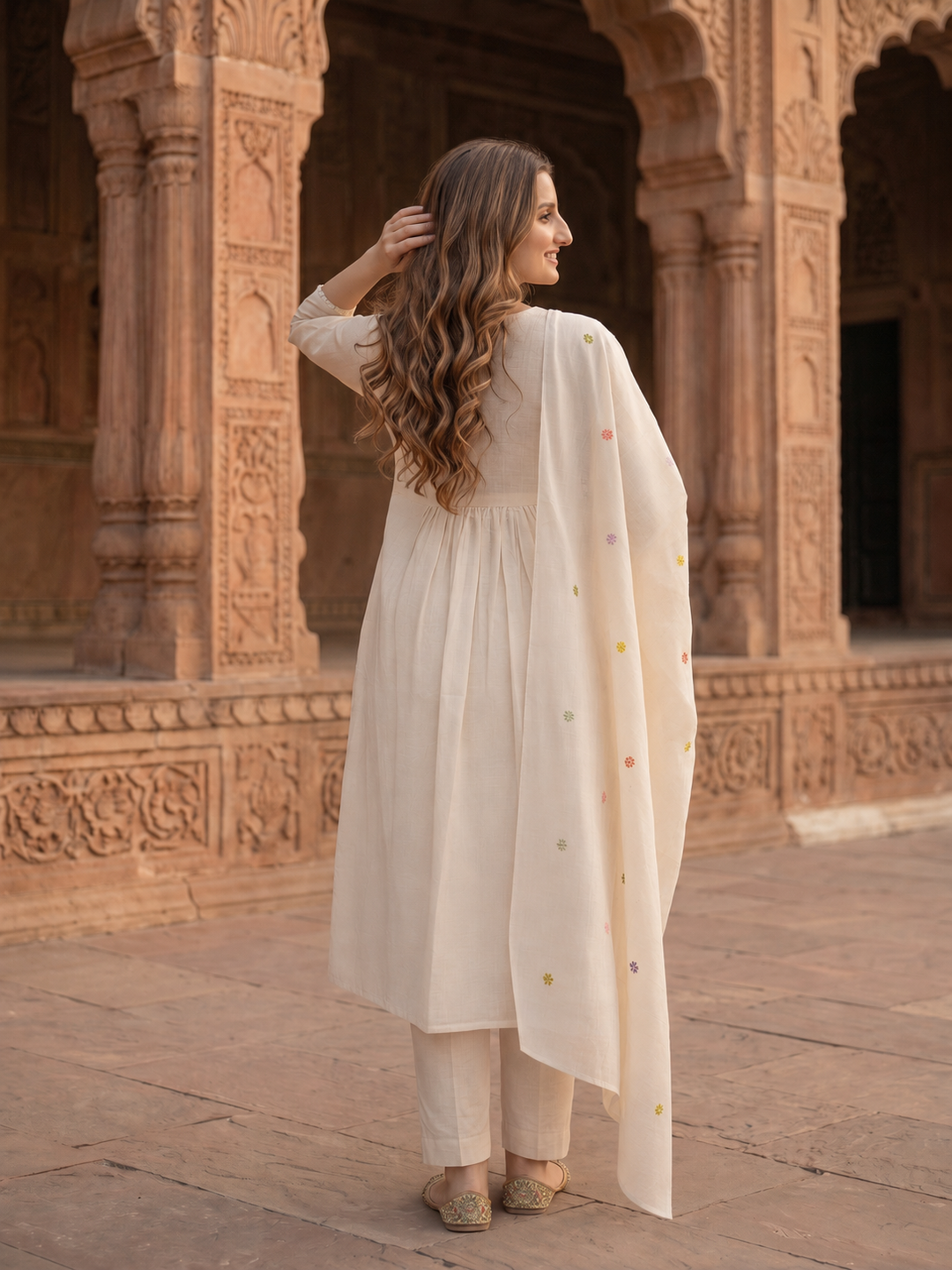 Solid Floral Hand Embroidered A-Line Kurta with Pant & Embroidered Dupatta - Off White
