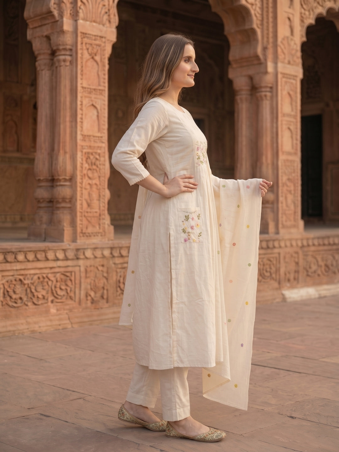 Solid Floral Hand Embroidered A-Line Kurta with Pant & Embroidered Dupatta - Off White
