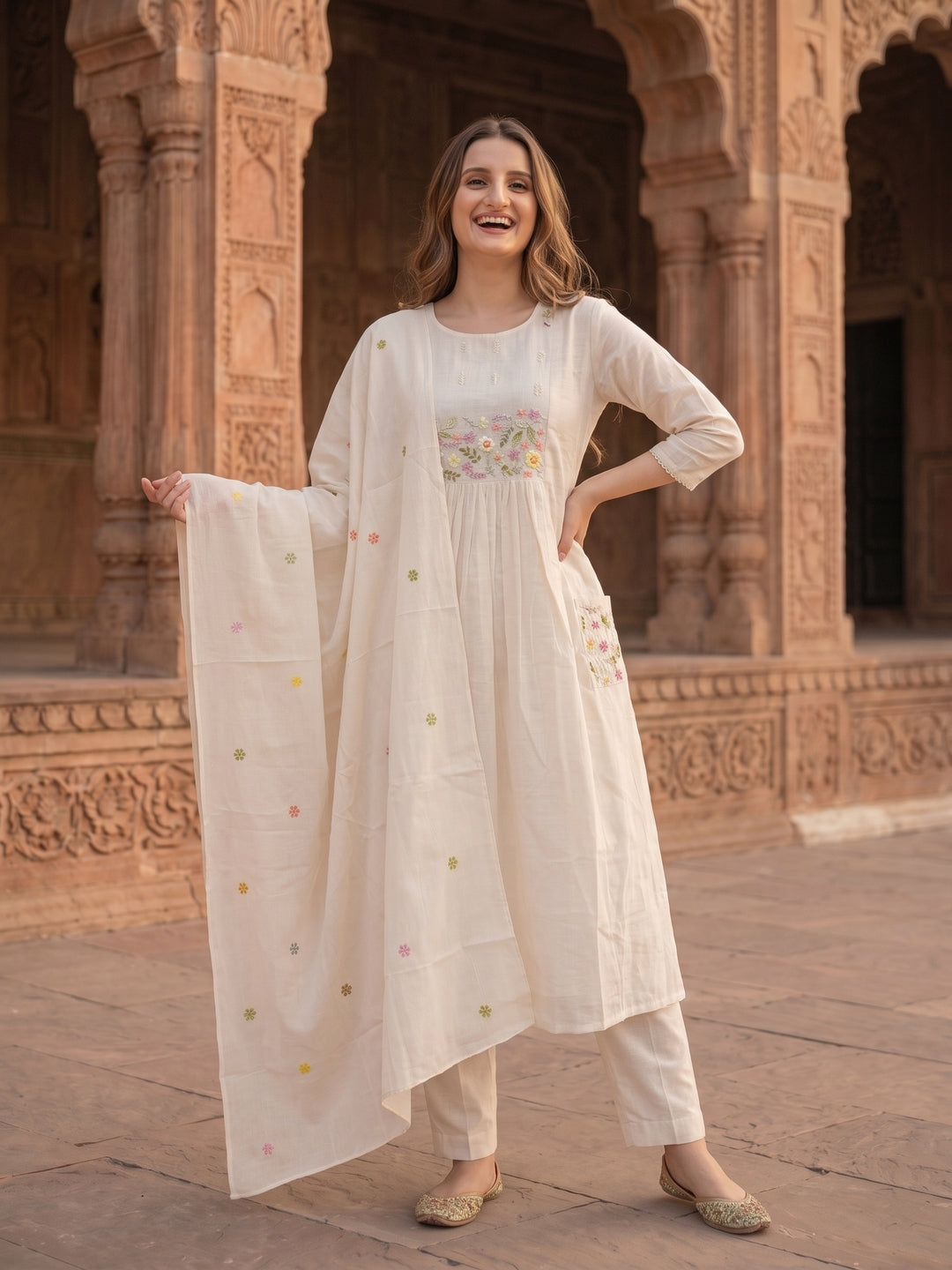 Solid Floral Hand Embroidered A-Line Kurta with Pant & Embroidered Dupatta - Off White