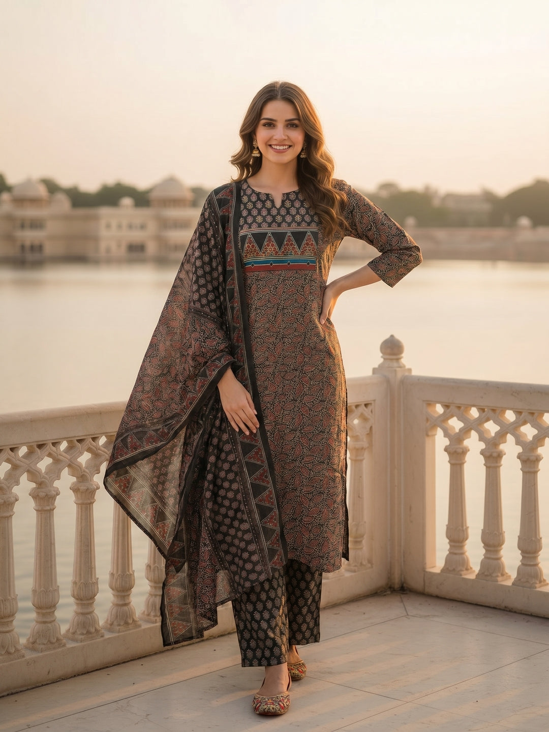 Ethnic Printed Embroidered Straight Fit Kurta with Pant and Dupatta - Black