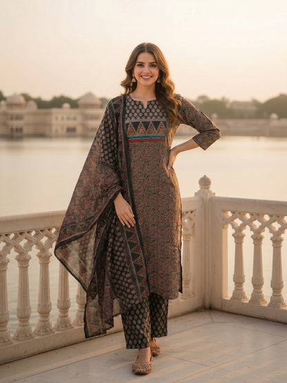 Ethnic Printed Embroidered Straight Fit Kurta with Pant and Dupatta - Black