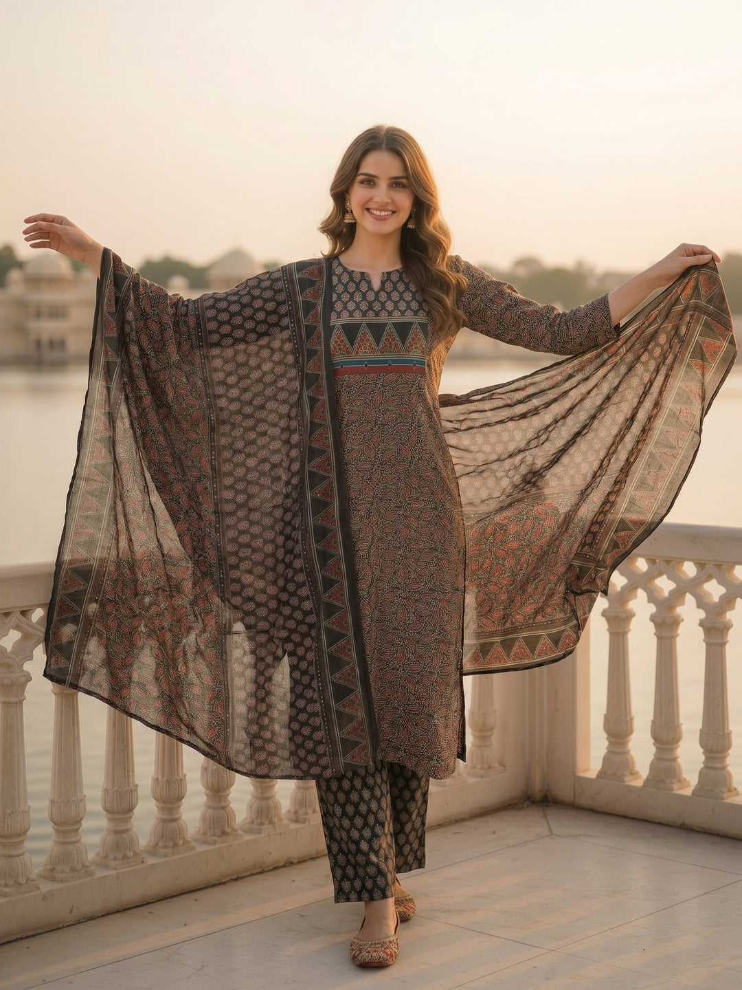 Ethnic Printed Embroidered Straight Fit Kurta with Pant and Dupatta - Black