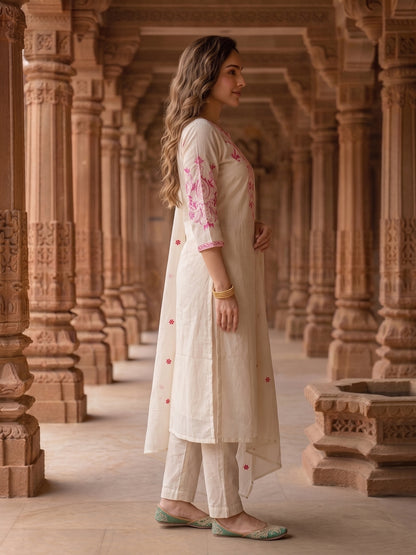 Solid Floral Hand Embroidered Straight Kurta with Pant & Embroidered Dupatta - Off White