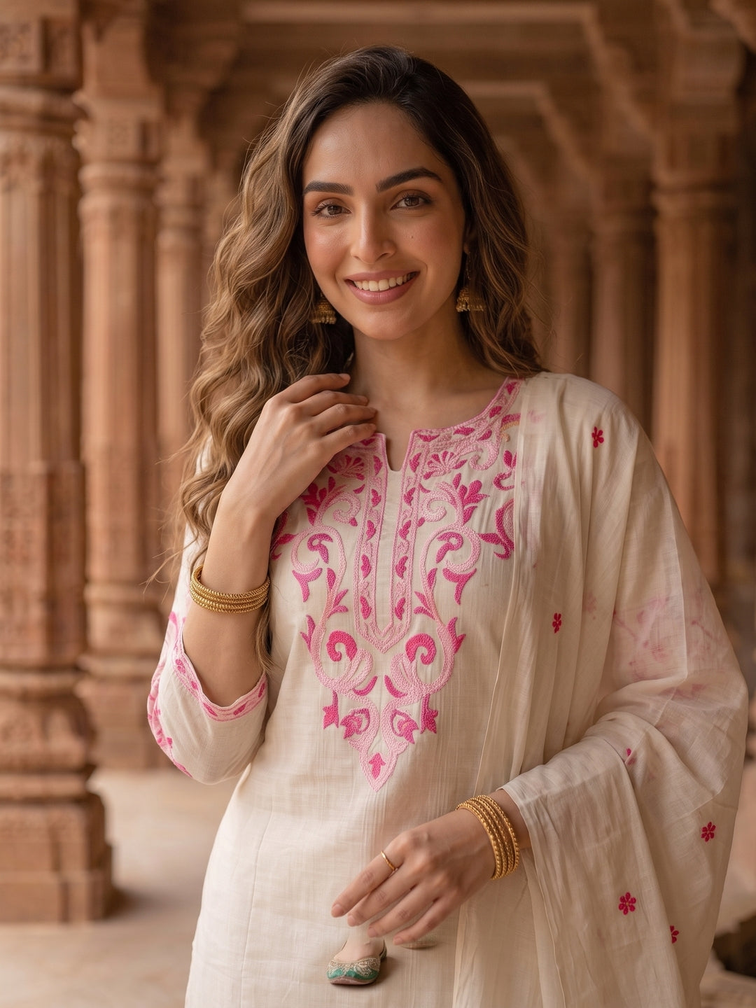 Solid Floral Hand Embroidered Straight Kurta with Pant & Embroidered Dupatta - Off White