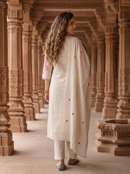 Solid Floral Hand Embroidered Straight Kurta with Pant & Embroidered Dupatta - Off White