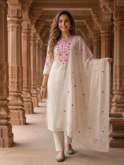 Solid Floral Hand Embroidered Straight Kurta with Pant & Embroidered Dupatta - Off White