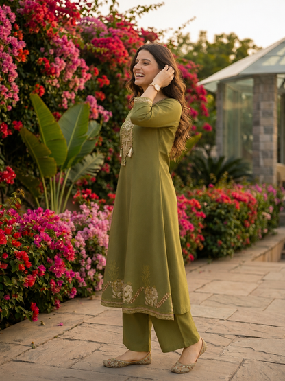 Solid Mirror Embroidered A-Line Kurta with Palazzo and Dupatta - Olive Green