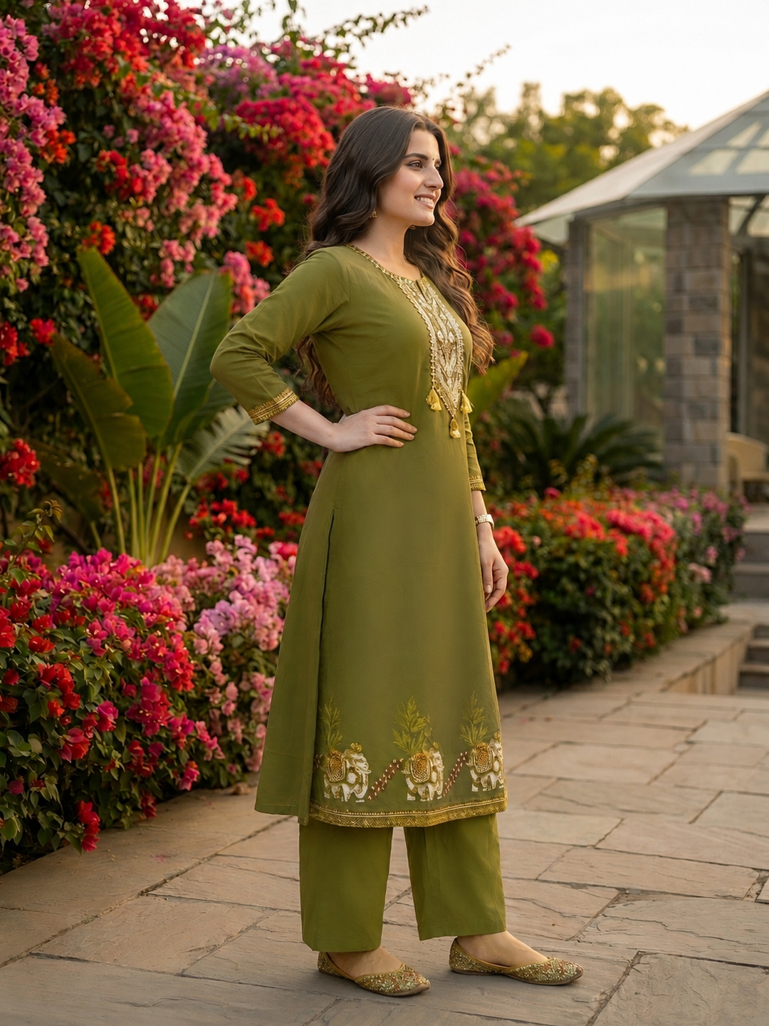 Solid Mirror Embroidered A-Line Kurta with Palazzo and Dupatta - Olive Green