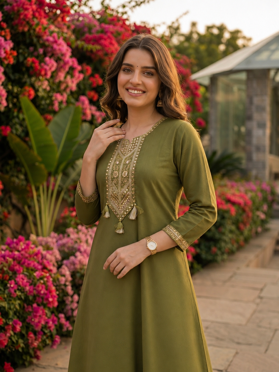 Solid Mirror Embroidered A-Line Kurta with Palazzo and Dupatta - Olive Green