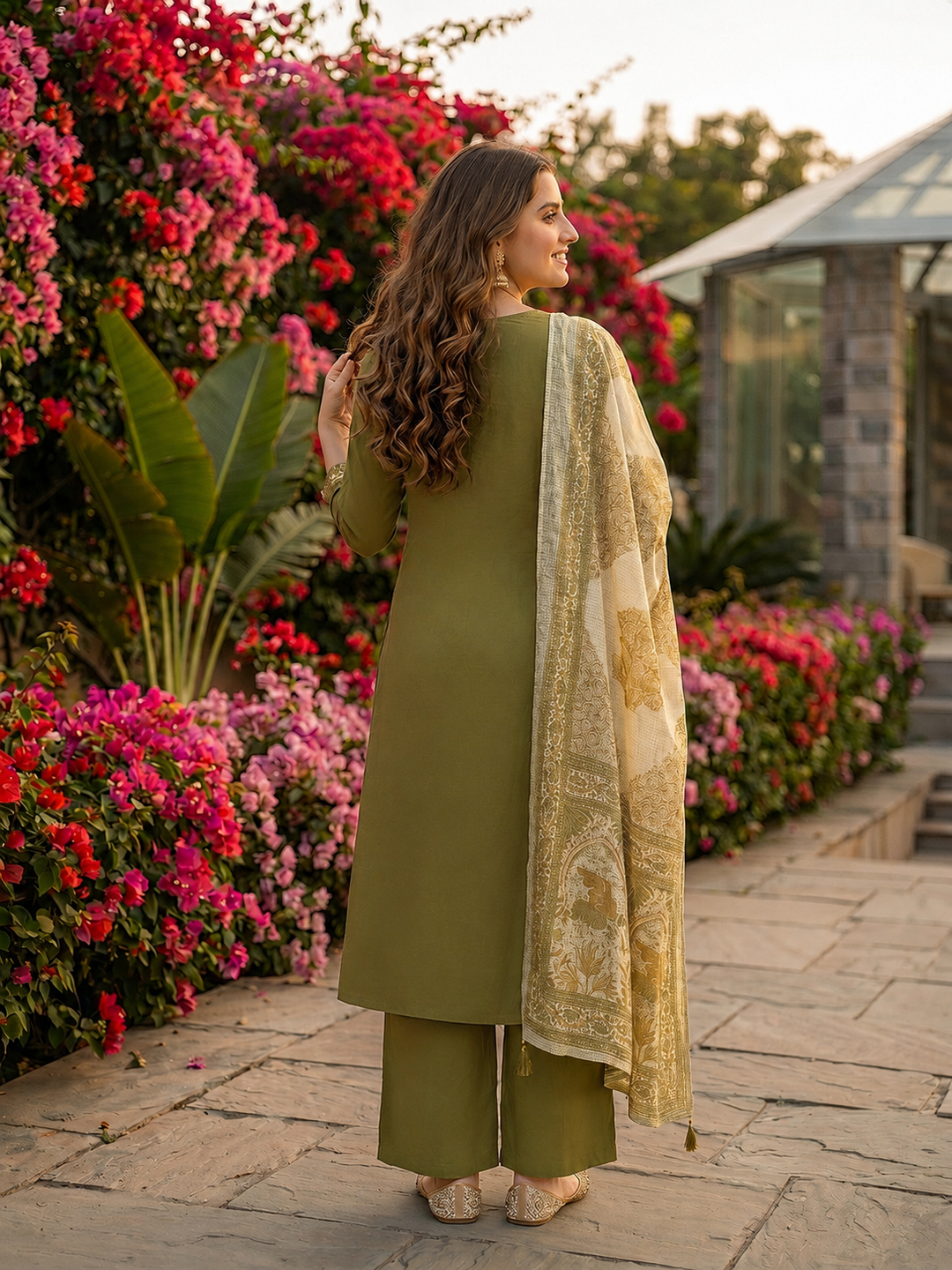 Solid Mirror Embroidered A-Line Kurta with Palazzo and Dupatta - Olive Green