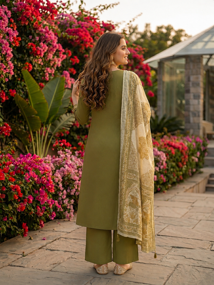 Solid Mirror Embroidered A-Line Kurta with Palazzo and Dupatta - Olive Green