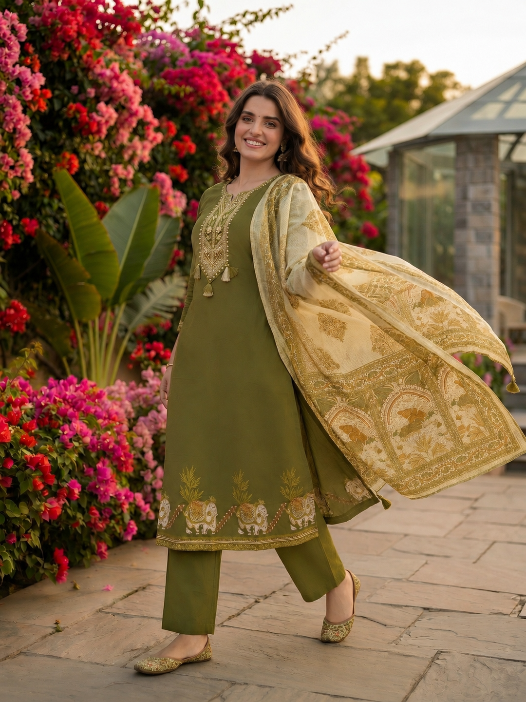 Solid Mirror Embroidered A-Line Kurta with Palazzo and Dupatta - Olive Green